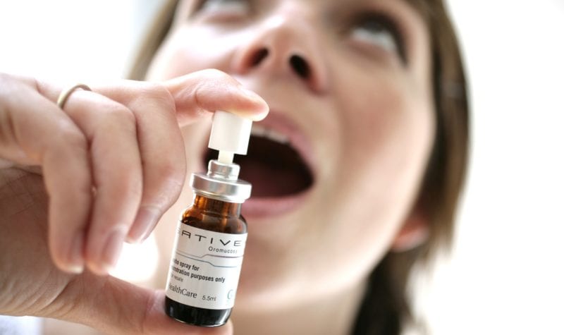 Sativex spray being dispensed by young woman as a cannabis for adhd medication
