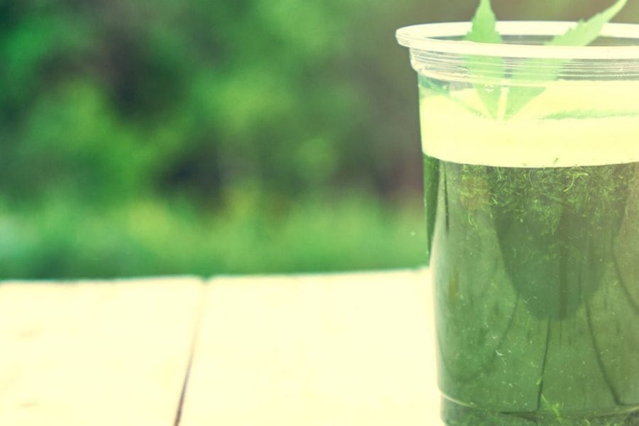 cannabis juice close up on wood table outside