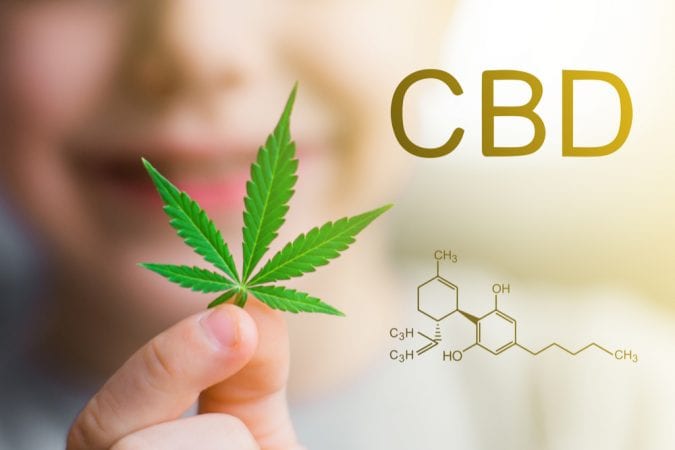 CBD chemical formula beside a woman blurred holding up cannabis leaf