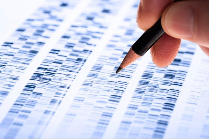 DNA Analysis and doctor hand circling areas of concern, gene mutations