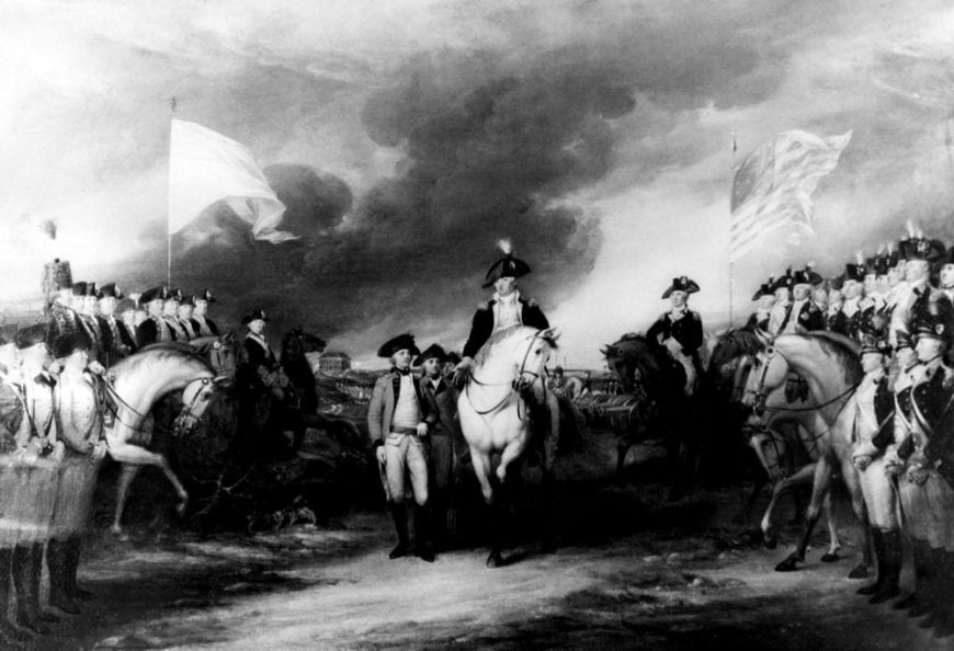 George Washington ahead of soldiers at American Revolution battle painting