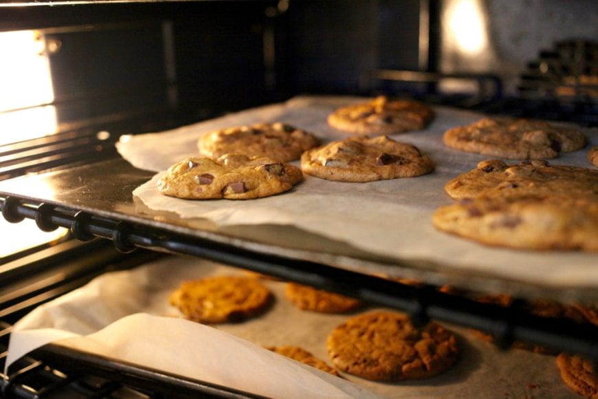 Chocolate Chip cookies in oven