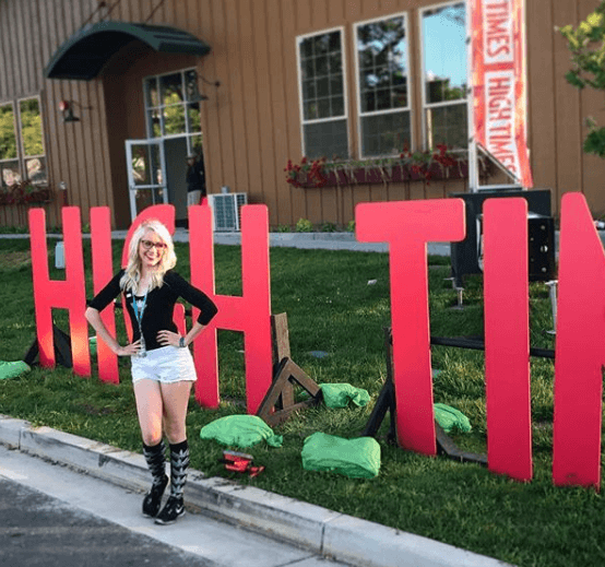 Alice Moon (CHS sufferer) in front of High Times Magazine office