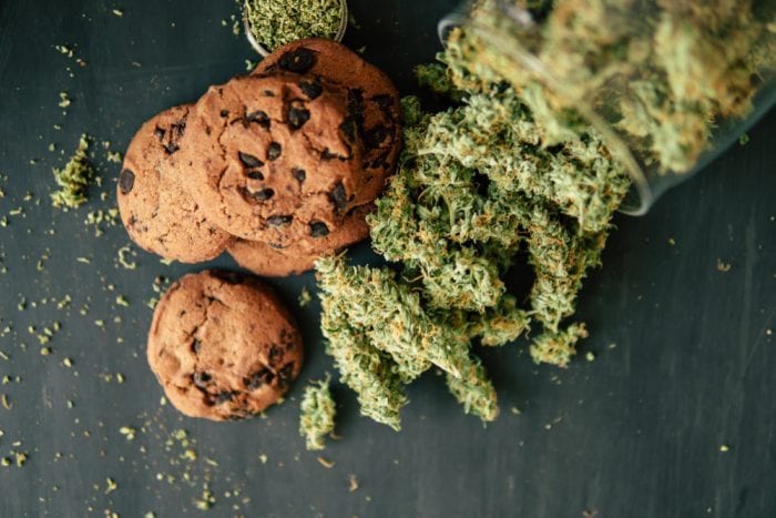 chocolate chip cookies edibles next to bag of weed