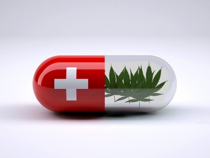 swiss pill filled with cannabis leaf