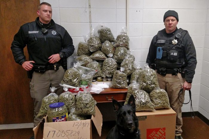 cannabis prohibition enforced by two police posing wiht bags of confiscated cannabis