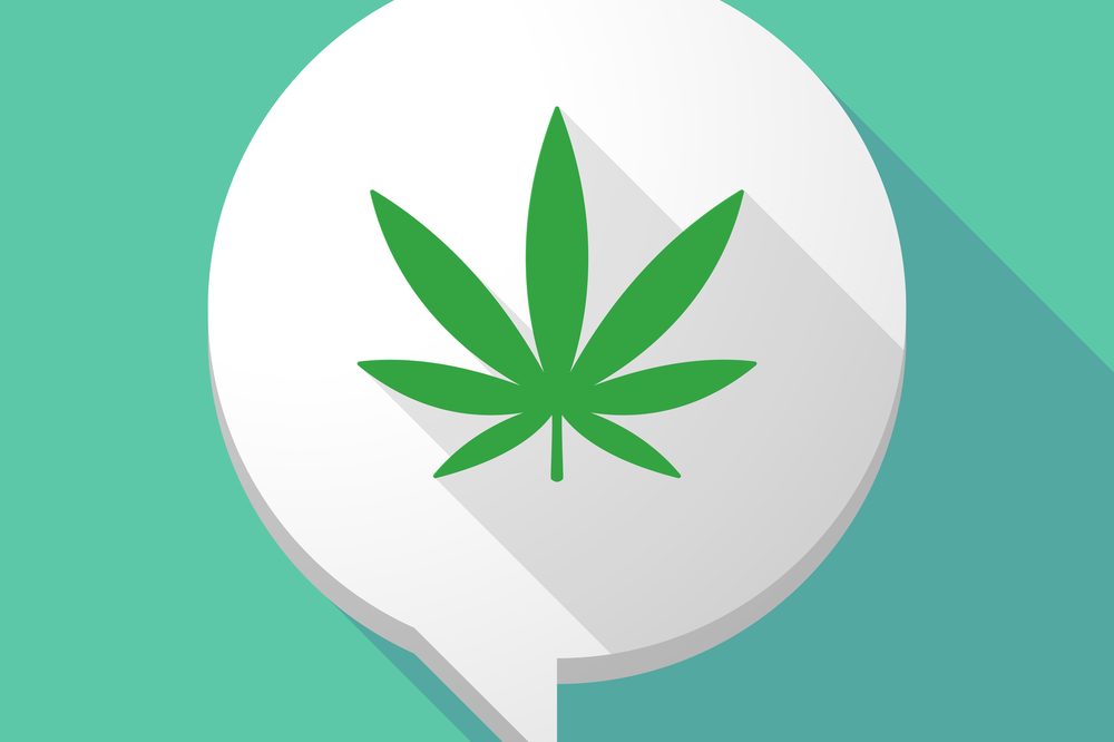 Cannabis leaf in a speech bubble. "Cheeba" is a part of a long line of nicknames for cannabis