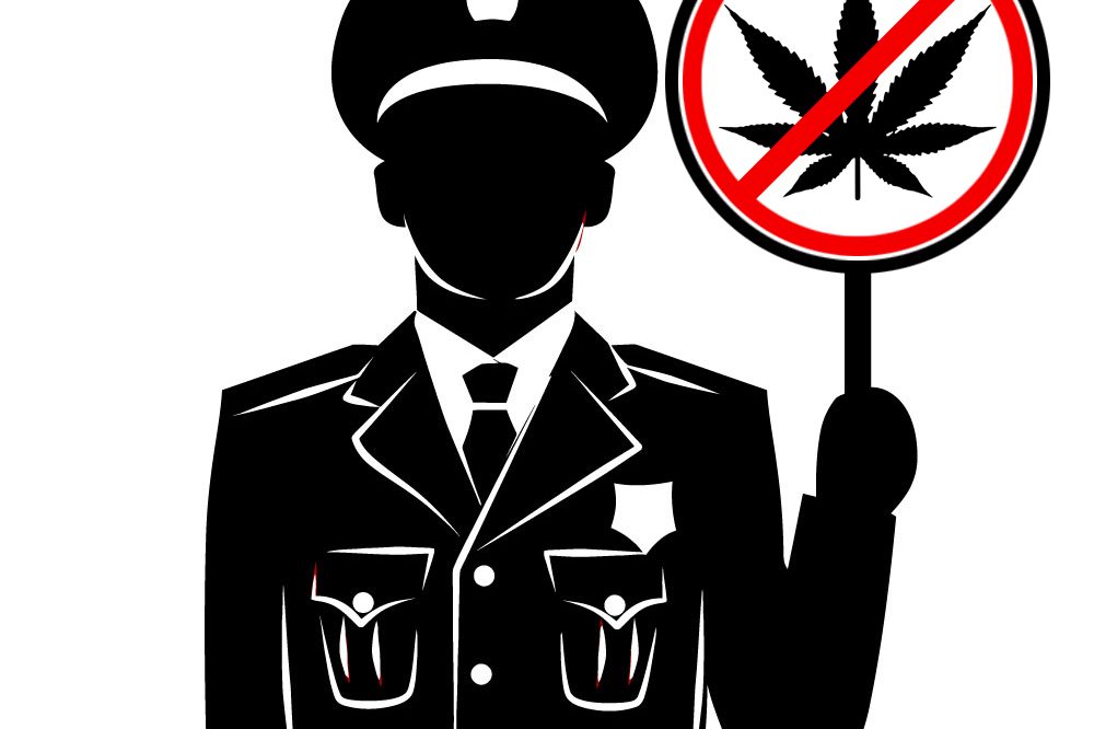 Police cartoon holding up anti-cannabis sign. The new hemp-spotting device doesn't really benefit society it just tells police how to identify a hemp plant