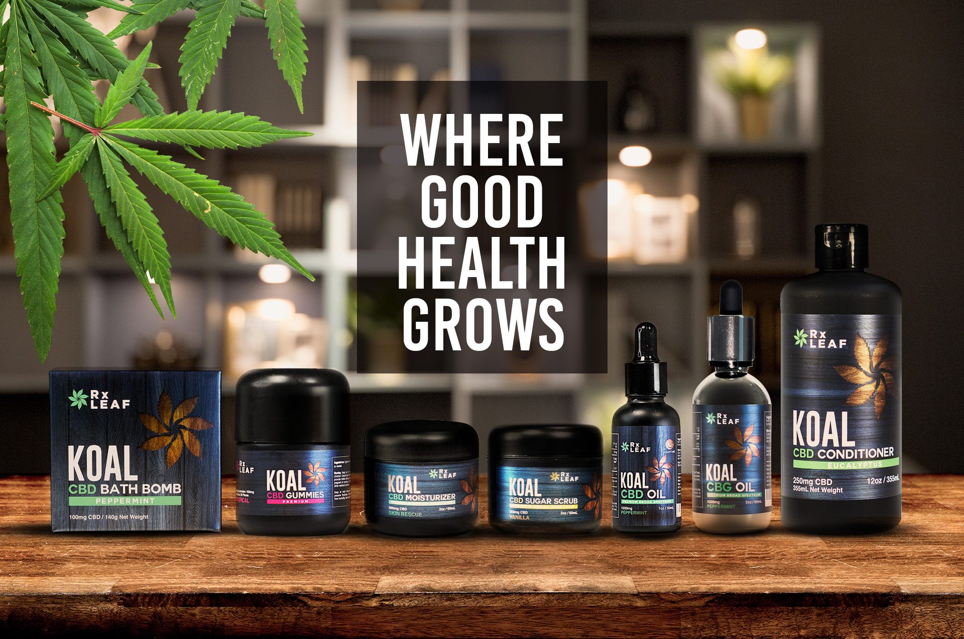 CBD products by RxLeaf lined up in banner ad