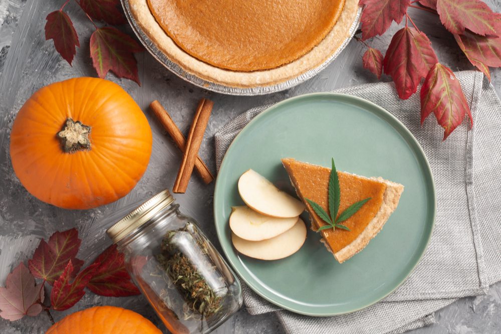 weed dessert represented by pumpkin pie slice with cannabis leaf on it